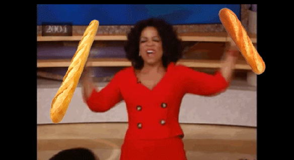 23 provas de que pão é uma das coisas mais maravilhosas que existem Gif da Oprah Winfrey gritando de alegria segurando duas baguetes