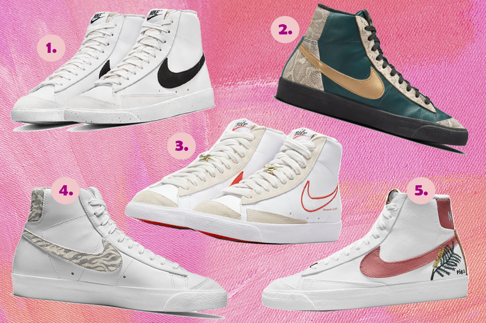 tenis-nike-mid-blazer Montagem em fundo rosa com cinco versões do tênis Blazer Mid '77 da Nike