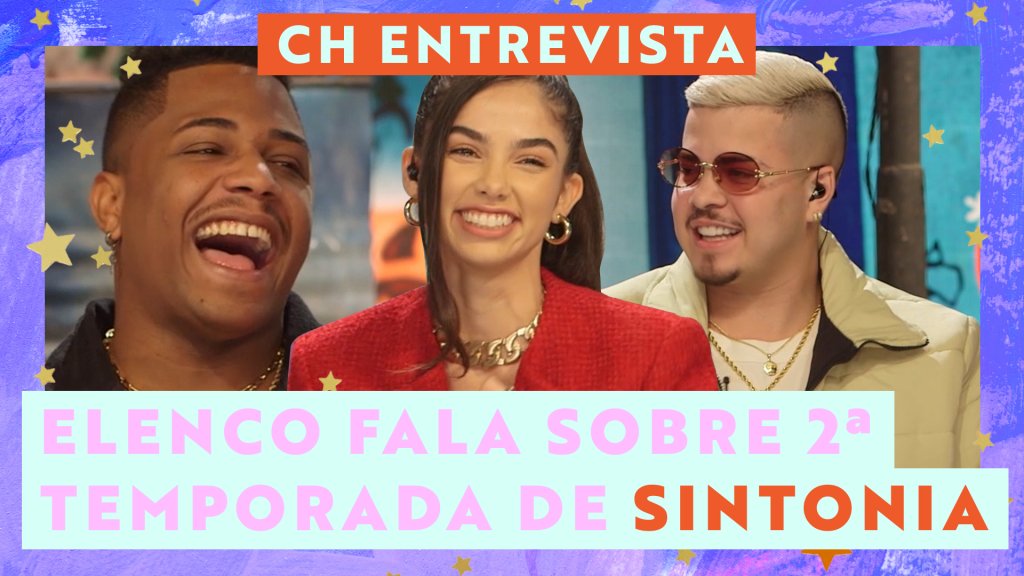 Foto de capa da entrevista com o elenco de Sintonia. Nela, Christian Malheiros aparece rindo à esquerda, Bruna Mascarenhas com roupa vermelha no centro e Jottapê à direita com óculos de sol e cabelo descolorido.