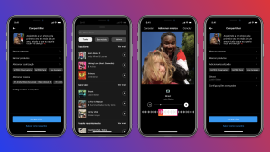 Instagram testa recurso que permite adicionar música às fotos do feed Imagem mostrando como vai funcionar a nova função de música do Instagram. Na foto, quatro telas do celular com o feed no aplicativo