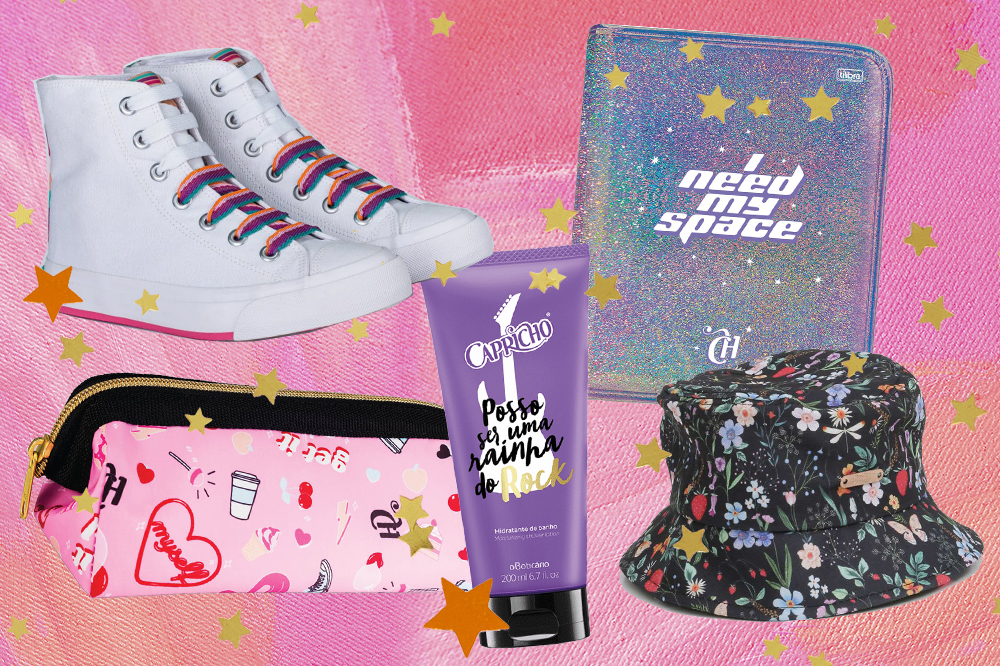 Montagem em fundo rosa com estrelinhas douradas e laranjas de cinco produtos da CAPRICHO. Tênis branco de cano alto, fichário holográfico, estojo rosa, hidratante com embalagem roxa e bucket hat de estampa floral.
