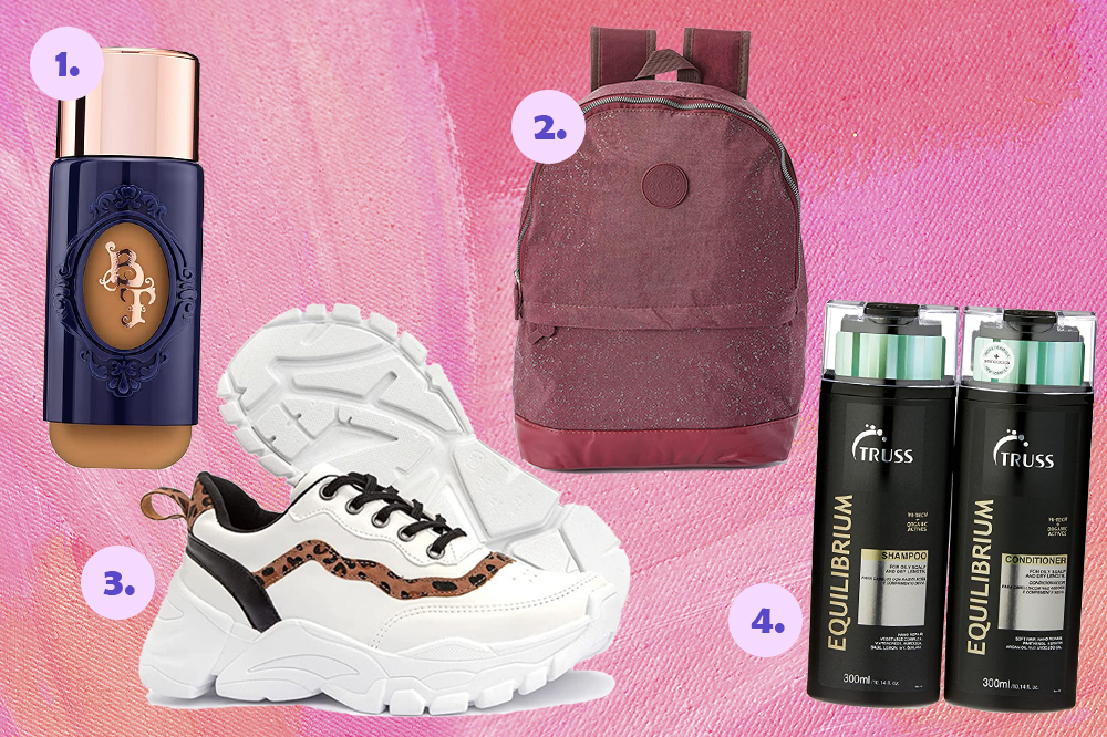 esquenta-black-friday-amazon-01 Produtos do esquenta Black Friday da Amazon. Base de rosto, mochila vinho, tênis branco e kit de cabelo em fundo rosa