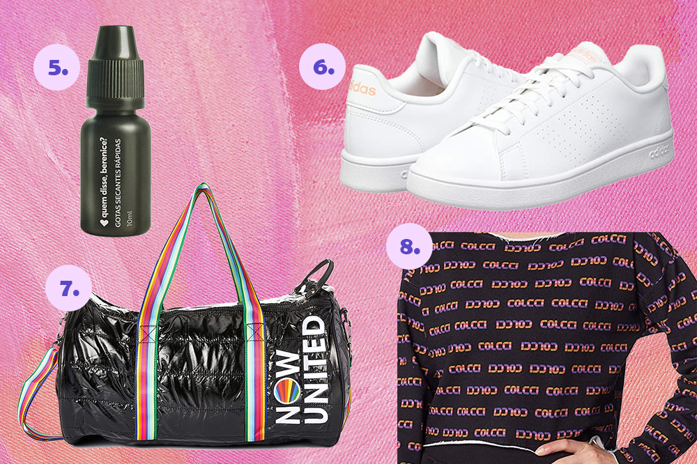 esquenta-black-friday-amazon-02 Produtos do esquenta Black Friday da Amazon. Secador de unhas em embalagem preta, tênis branco, mochila de viagem do Now United e moletom da Colcci em fundo rosa