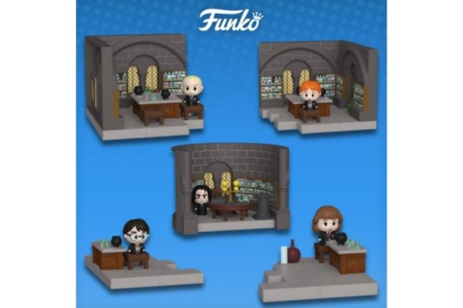 harry-potter (3) Fundo azul. Logo do Funko em branco no topo. Imagem de cinco bonecos na sala de poções (paredes cinzas e uma mesa de madeira).