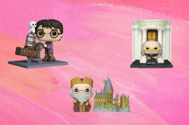 harry-potter (4) Fundo rosa. Imagem de bonecos: Harry com suas malas e coruja indo para Hogwarts, duende na frente do banco, Dumbledore e Hogwarts.