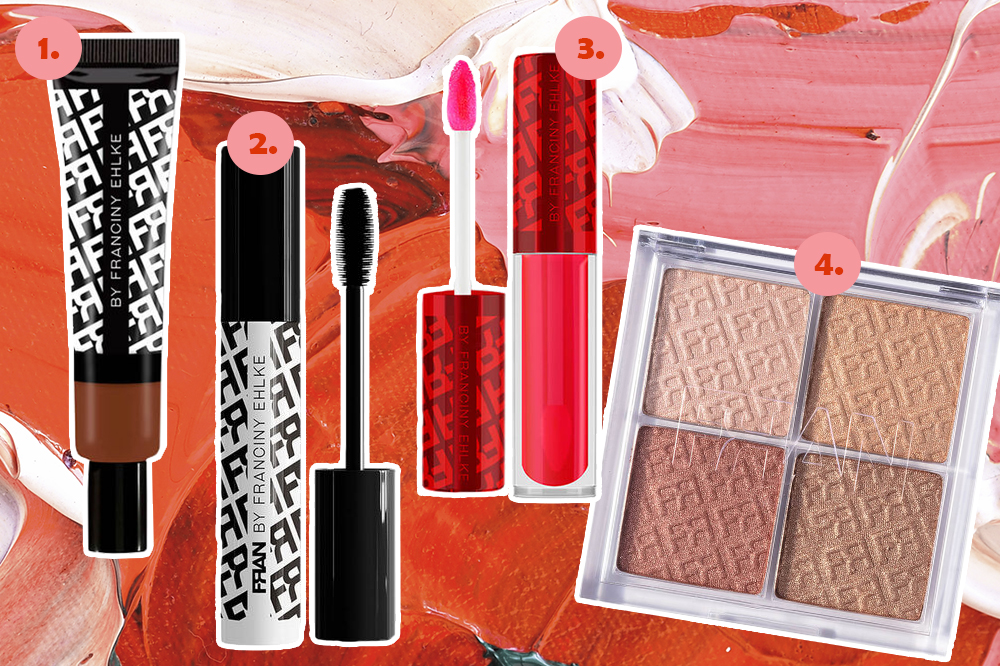 produtos-maquiagem-franciny-ehlke Montagem com quatro produtos da marca de maquiagem da Franciny Ehlke em fundo rosa e vermelho