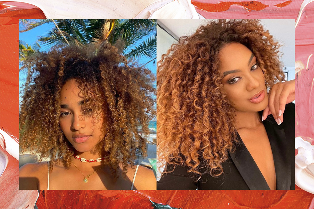 Montagem mostra, de um lado, Mélanie Thomas, do Now United, usando uma regata branca de alças finas. A imagem destaca o seu cabelo cacheado com luzes na tonalidade mel. Olha para a câmera com expressão de leveza. De outro, Raissa Santana, Miss Brasil 2016, usa um blazer preto. A imagem destaca os seus fios cacheados com a técnica de luzes smoky hair. Ela olha em direção à câmera com expressão serena e mão direita apoiada no queixo.