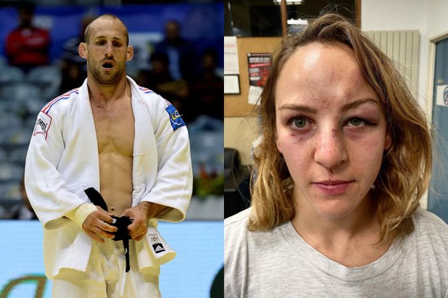 Judoca francesa acusa marido de violência doméstica e lamenta impunidade Foto do judoca Alain Schmitt no tatame. Ao lado, imagem da sua esposa e atleta com o rosto desfigurado, após sofrer violência doméstica do marido
