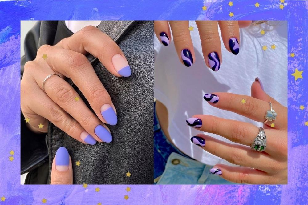 Foto de duas mãos com unhas decoradas com a cor Pantone 2022.