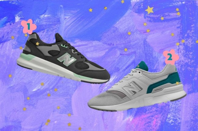 opcoes-tenis-new-balance Montagem com a foto de dois tênis esportivos da New Balance com o fundo roxo e detalhe de estrelinhas douradas.