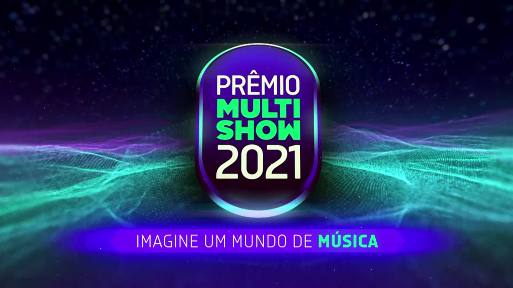 Logo do Prêmio Multishow com fundo preto e iluminações nas cores azul, roxo, branco e verde