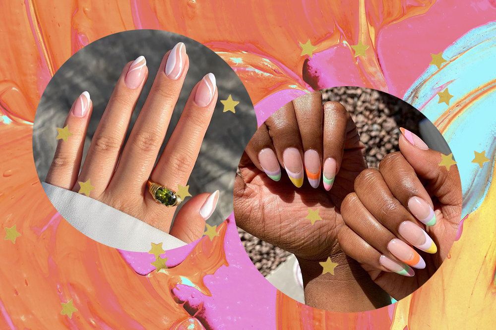 Montagem em fundo com tintas laranja e rosa e estrelinhas douradas. À esquerda, unhas com esmalte branco em moldura redonda, enquanto à direita duas mãos com esmaltes coloridos em moldura redonda.