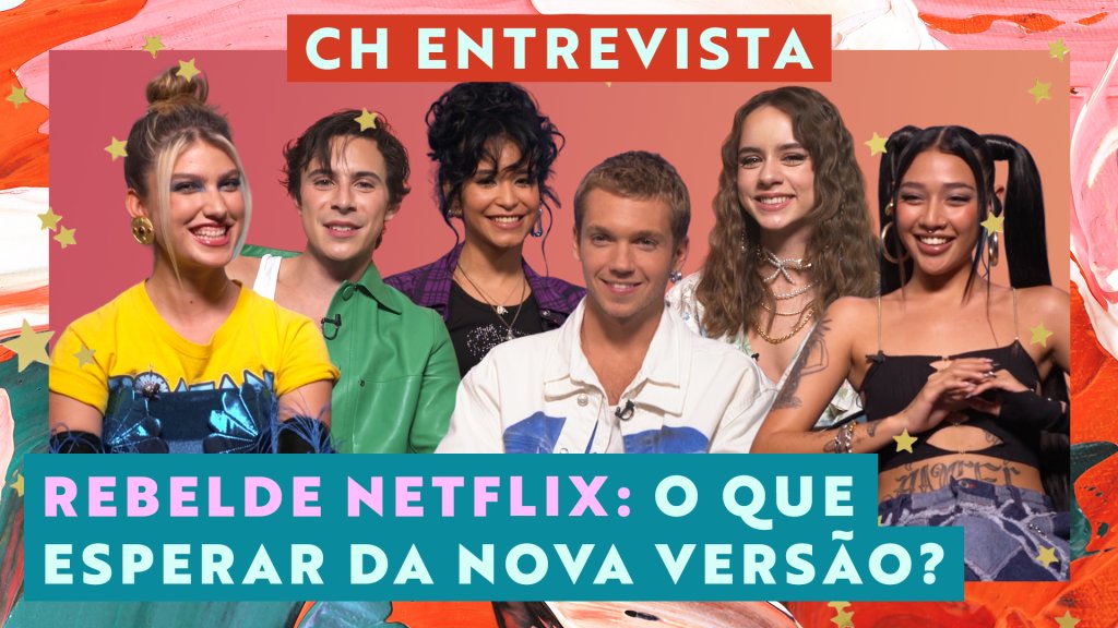 Montagem com os atores do elenco da nova versão de Rebelde, da Netflix; eles estão sorrindo em um fundo rosa com margem de textura de tintas nas cores rosa, vermelho, branco, verde e laranja com estrelas amarelas como decoração