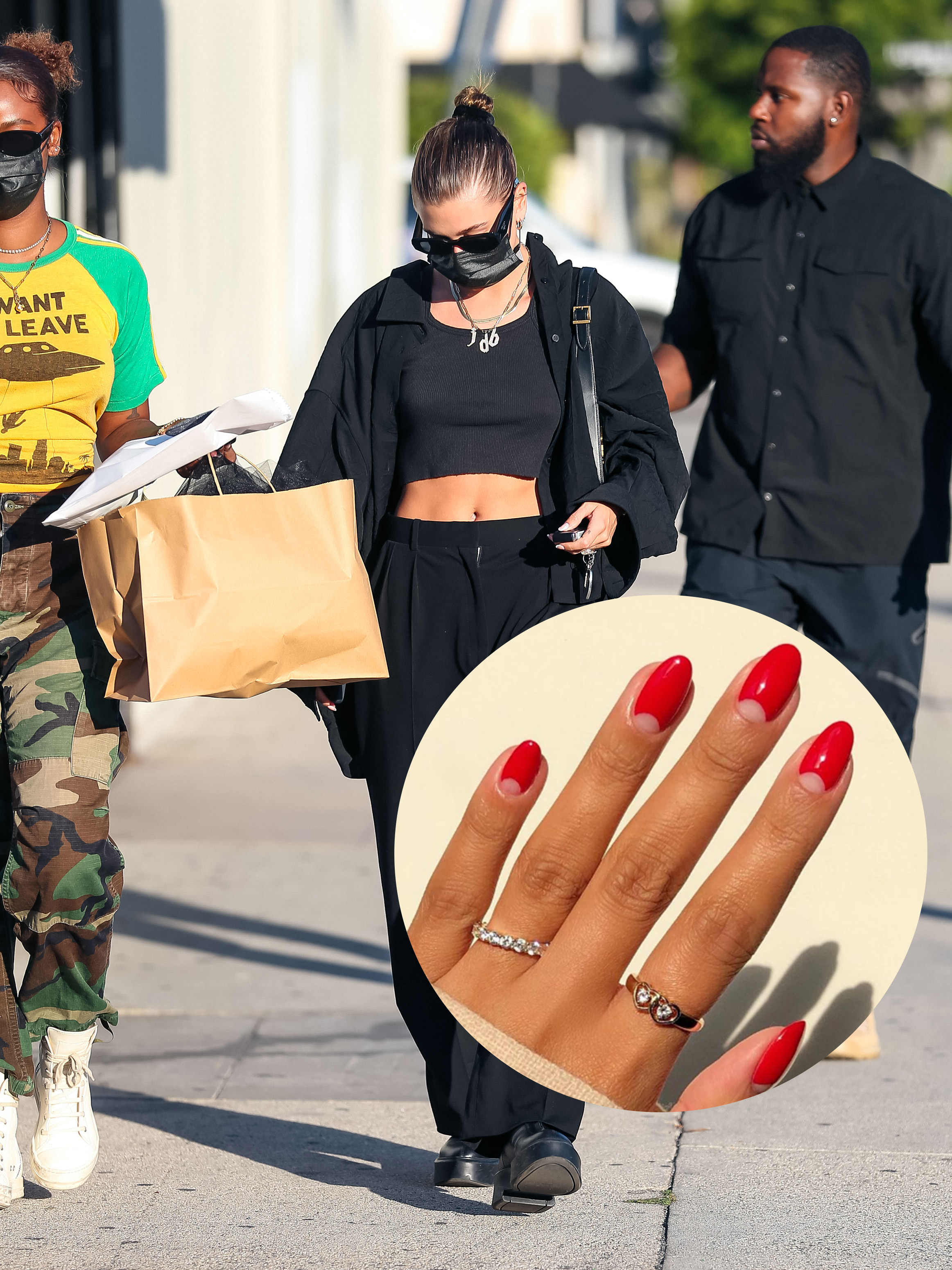 Montagem com foto da Hailey Bieber usando look todo preto e, em um círculo, uma mão com unhas vermelhas