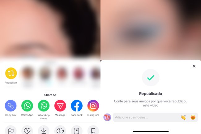 capricho-tiktok-respost-2022 Print de tela do aplicativo TikTok, destacando as funções de compartilhamento