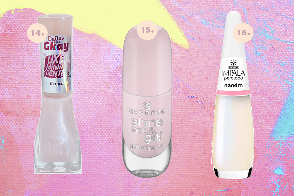cor-esmaltes-tendencia-2022-rosados Montagem em fundo rosa, amarelo e azul com três esmaltes rosados