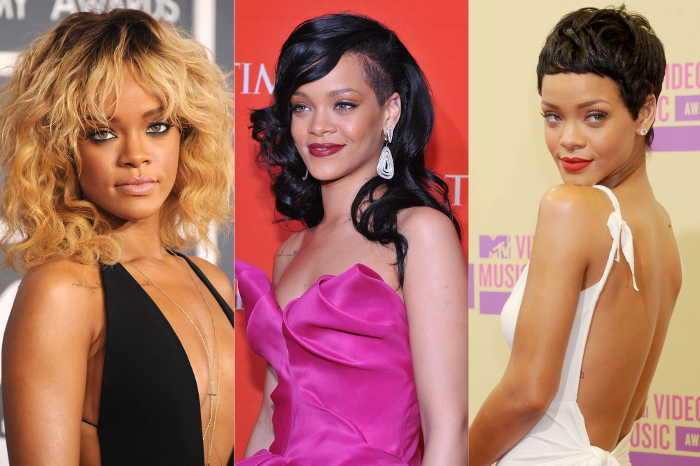 rihanna-cabelos-2012 Os cabelos de Rihanna em 2012: loira, com fios pretos e lateral raspado e pixie cut