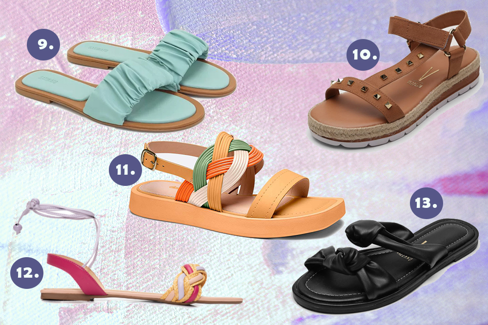 sandalias-rasteirinhas-verao-03 Montagem em fundo lilás com quatro rasteirinhas de verão. Uma azul, uma caramelo, uma laranja, uma rosa e uma preta.