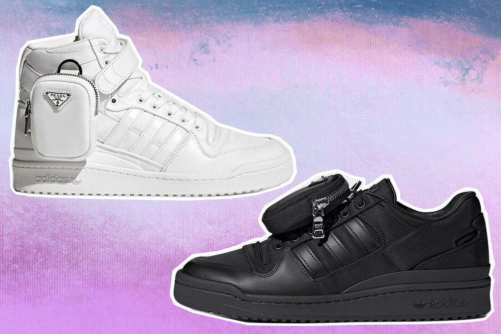 tenis-colecao-adidas-prada Montagem em fundo degradê nas cores roxo, lilás e azul com dois tênis da nova coleção da Adidas com a Prada. Em cima, um tênis branco de cano alto, embaixo um tênis preto de cano baixo.