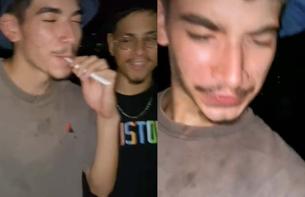 Prints de um menino, com bigode e bucket hat, vaporizando sem querer um teste de gravidez e depois com cara de nojo ao perceber que "fumou xixi"