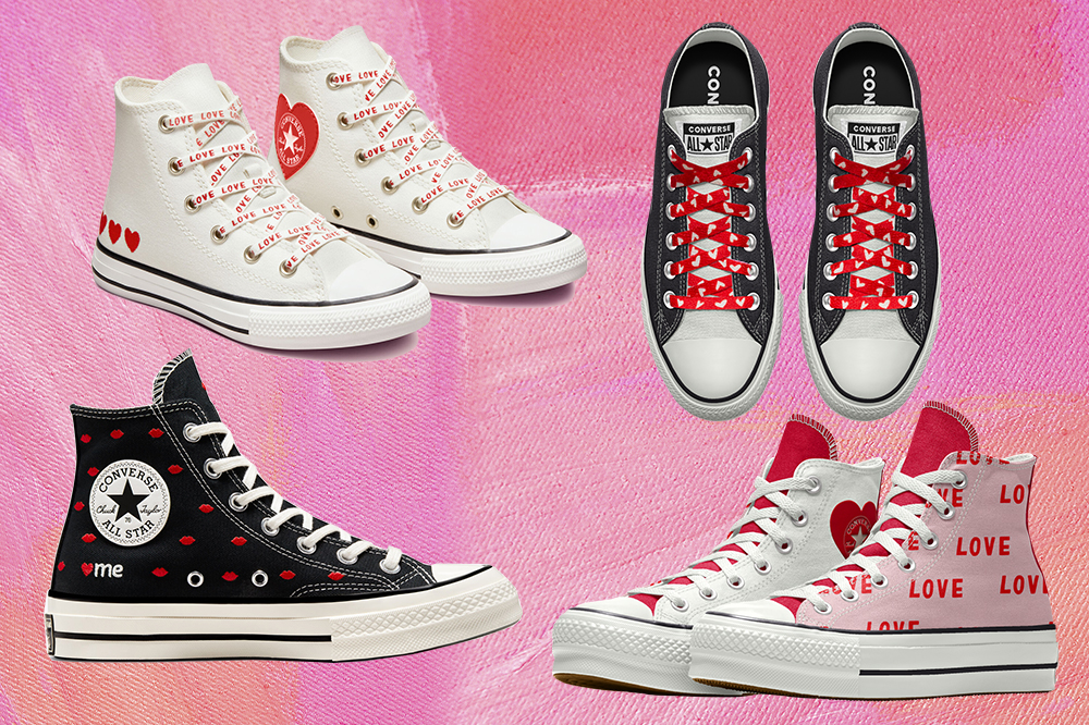 colecao-tenis-converse-valentines-day-01 Quatro tênis da coleção de Valentine's Day da Converse em fundo rosa
