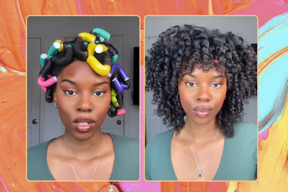 Montagem em fundo laranja, amarelo e azul com duas fotos da mesma mulher de cabelo cacheado. À esquerda, ela está com flexi rods na cabeça, e à direita com o cabelo pronto após o processo de texturização