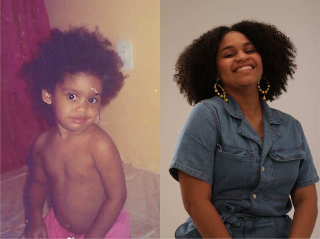 As muheres pretas que me deram força para eu ser quem eu sou hoje À esquerda, foto de uma bebê negra com o cabelo black power. À direita, foto dessa bebê adulta, ainda com seu cabelo black power