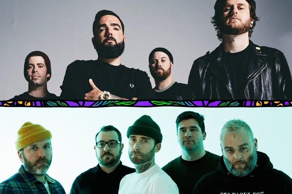 Duas imagens na horizontal do A Day To Remember e Alexisonfire, atrações do Lollapalooza BR; uma está acima da outra e os integranets das duas bandas estão posando para fotos de divulgação com expressões sérias