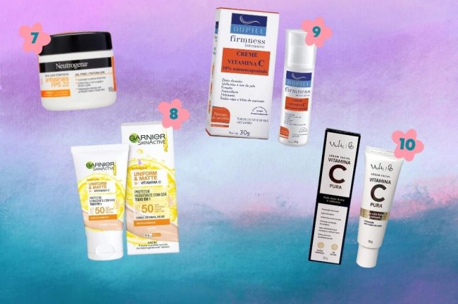 cremes-com-vitamina-c-para-skincare Montagem com o fundo degradê em tons de azul e roxo com quatro cremes faciais com vitamina C para uma rotina de skincare.