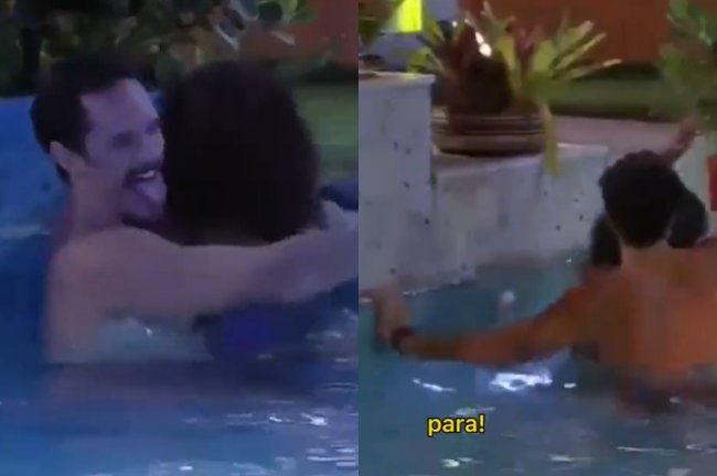 Prints de Elieser, do BBB22, cercando Jessilane na piscina e forçando um contato físico