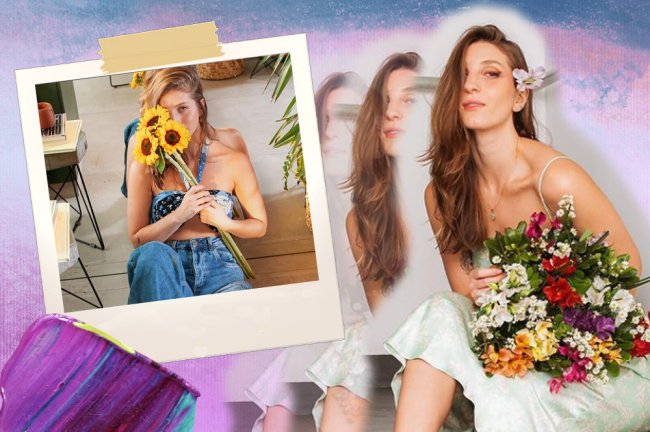 Montagem com fotos da Gabie Fernandes segurando flores. Ela é uma mulher branca e loira.