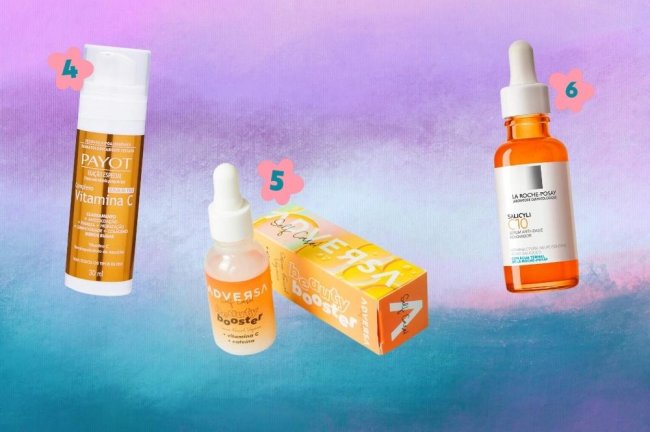 indicacao-de-vitamina-c-para-skincare Montagem com o fundo degradê em tons de azul e roxo com três produtos de vitamina C para uma rotina de skincare.