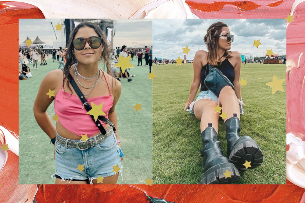 Montagem com duas fotos de meninas usando short jeans no festival Lollapalooza. O fundo é rosa e vermelho com estrelinhas douradas