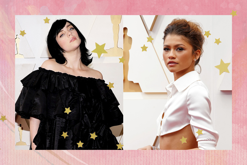 Billie Eilish e Zendaya no Oscar 2022. A montagem tem fundo rosa com estrelinhas douradas