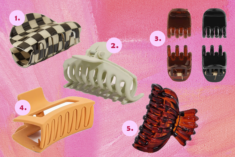 piranhas-de-cabelo-01 Montagem com cinco opções de piranhas de cabelo em fundo rosa