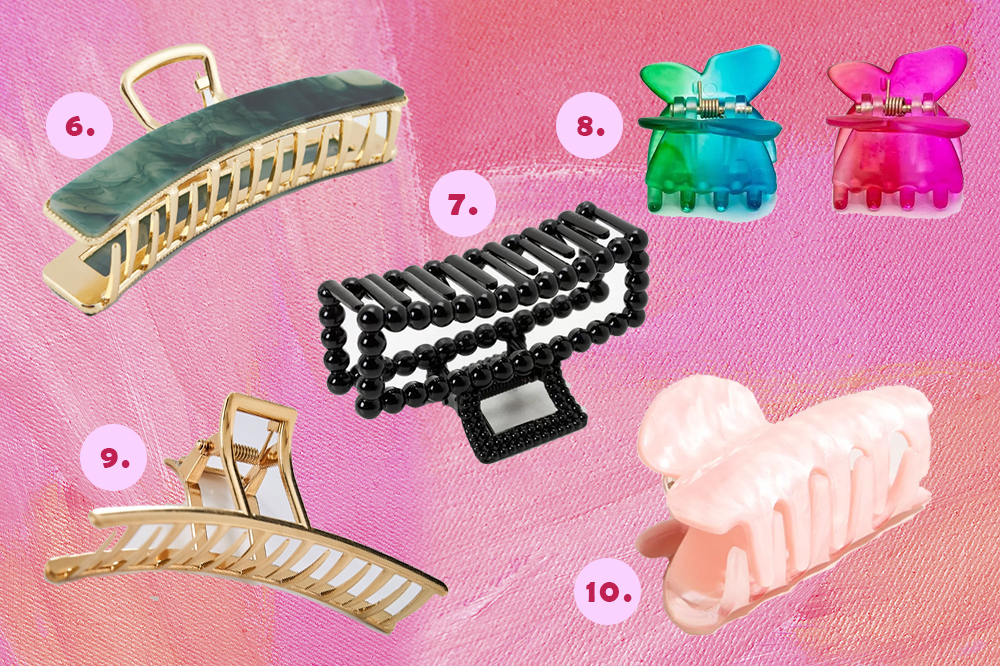 piranhas-de-cabelo-02 Montagem com cinco opções de piranhas de cabelo em fundo rosa