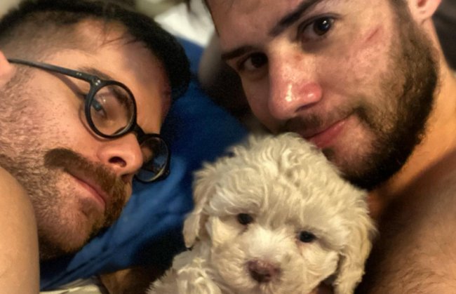 Paulo Vaz: blogueiro é encontrado morto após sofrer transfobia nas redes Dois homens estão deitados na cama com uma cachorrinha poodle no meio. Os dois têm barba e um deles usa óculos
