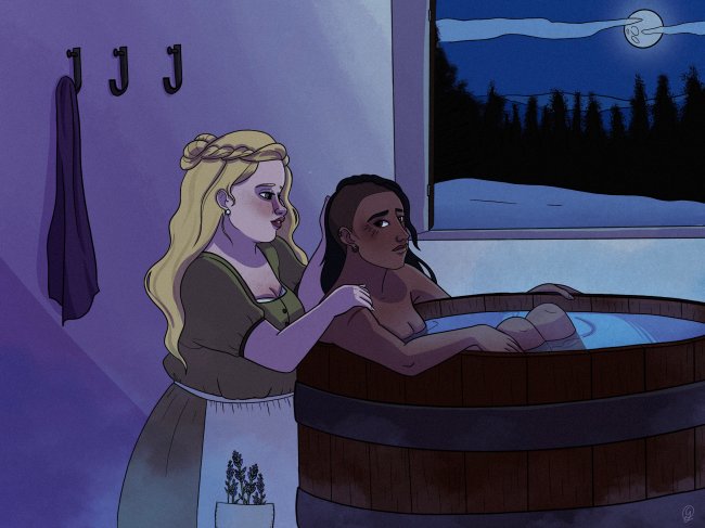 Fanart3 Fanart de Aurora e Dimitria, personagens de Luzes do Norte; Aurora está ajudando Dimitria a tomar banho em uma banheira