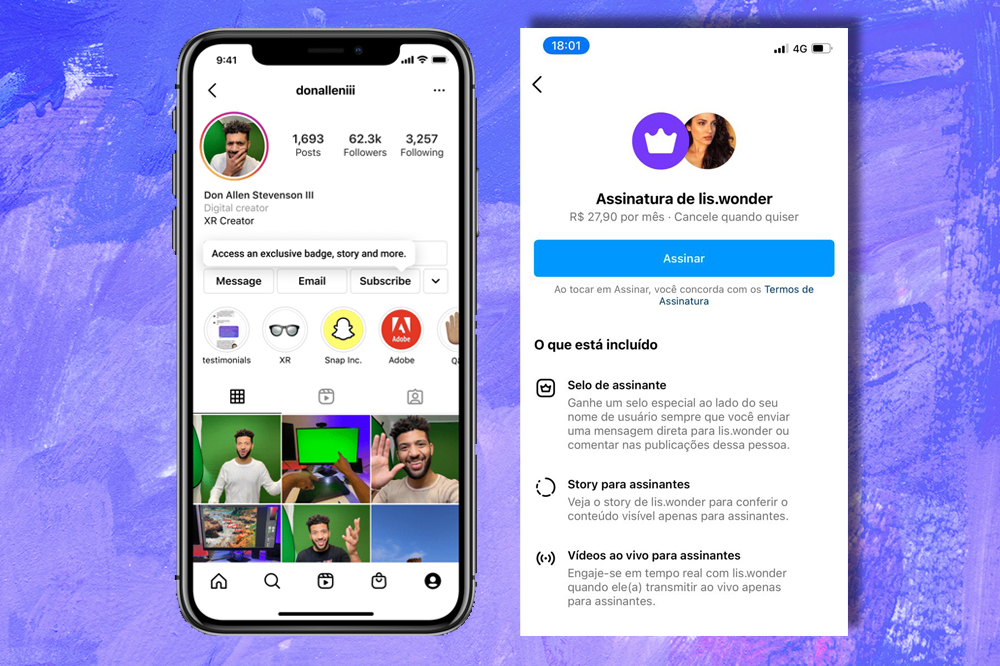 Print de telas do Instagram mostrando a opção de conteúdo para assinantes