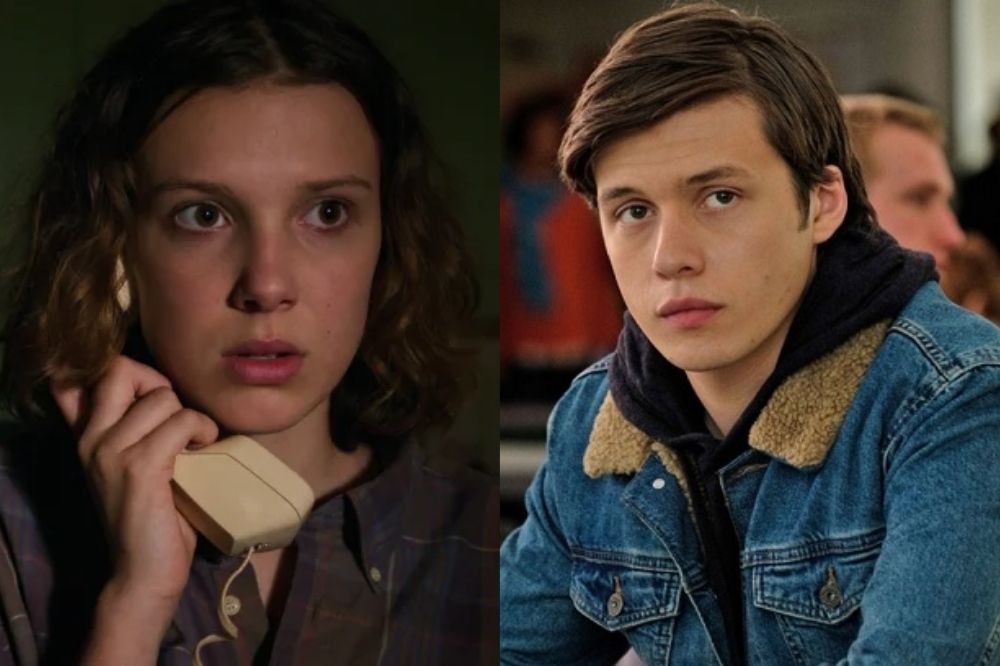 Duas imagens; na primeira Millie Bobby Brown está caracterizada como Eleven em Stranger Things enquanto escuta alguém falando no telefone; na segunda Nick Robinson em Love, Simon com expressão séria