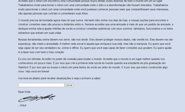 volta-orkut-capricho-2022 Print de uma página da internet com o fundo azul seguido de um texto assinado.