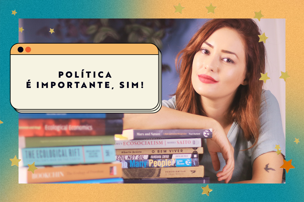 Mulher de cabelos ruivos com cotovelo apoiado em uma pilha de livros sobre sociologia e um banner ao lado informando o título do encontro que se chama "política é importante, sim"