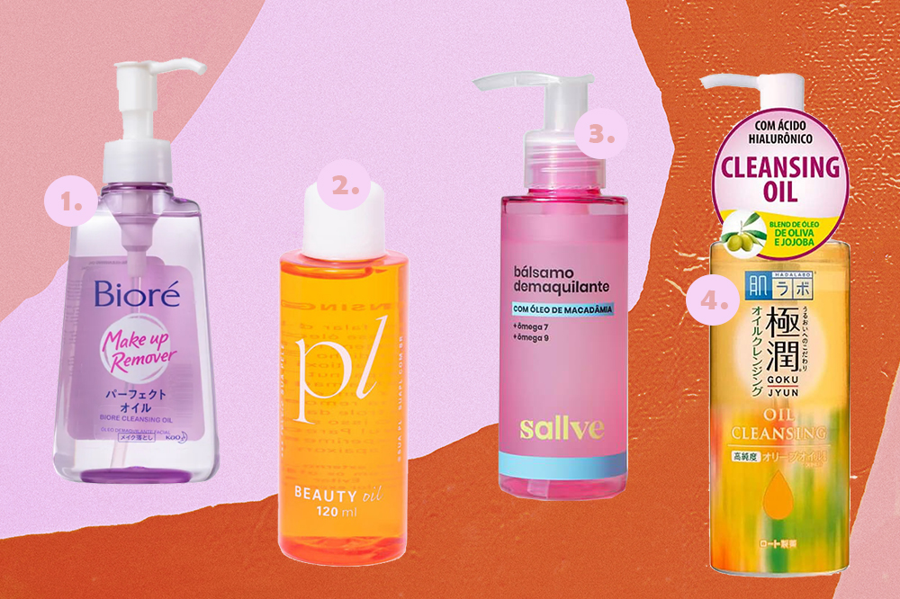 cleansing-oil-produtos-01 Montagem em fundo rosa e laranja com quatro opções de cleansing oil
