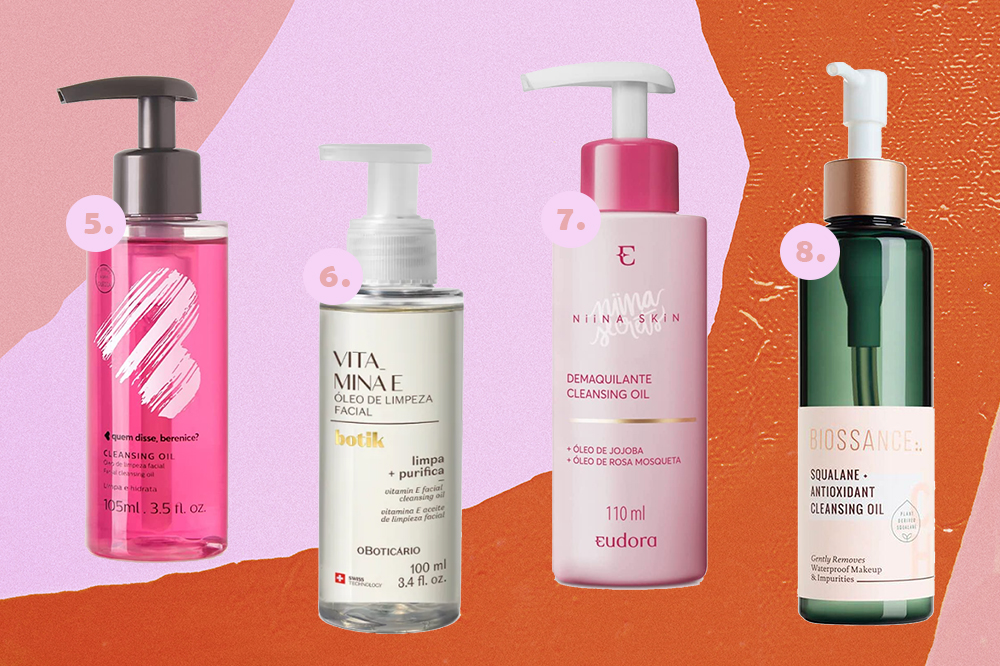 cleansing-oil-produtos-02 Montagem em fundo rosa e laranja com quatro opções de cleansing oil