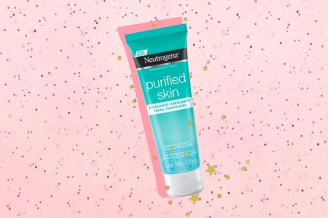 esfoliante-neutrogena Montagem com o fundo colorido e foto do esfoliante da marca Neutrogena no centro com detalhes de estrelas douradas em volta.