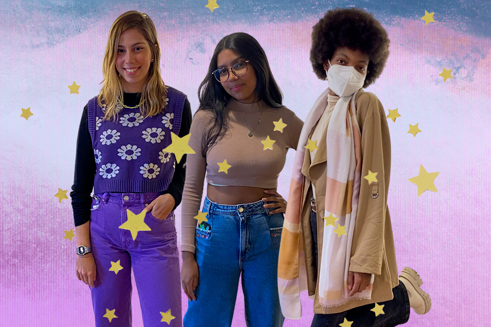 Montagem em fundo degradê com estrelinhas douradas com foto das três integrantes da equipe de moda e beleza da CAPRICHO