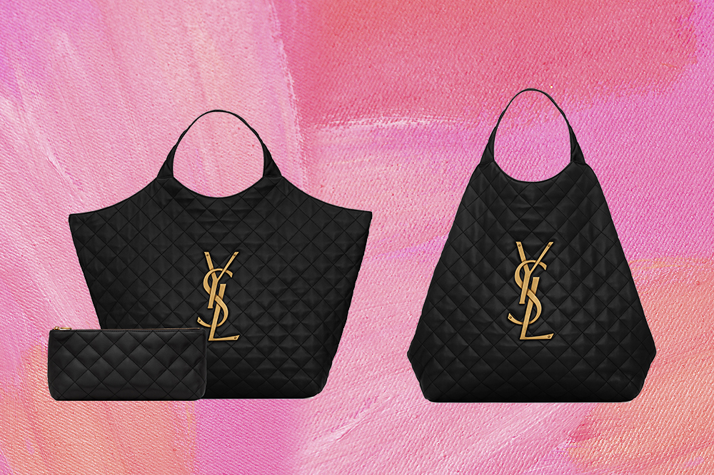 maxi-bolsa-saint-laurent-famosas Montagem em fundo rosa com duas fotos da Icare maxi bag da Saint Laurent