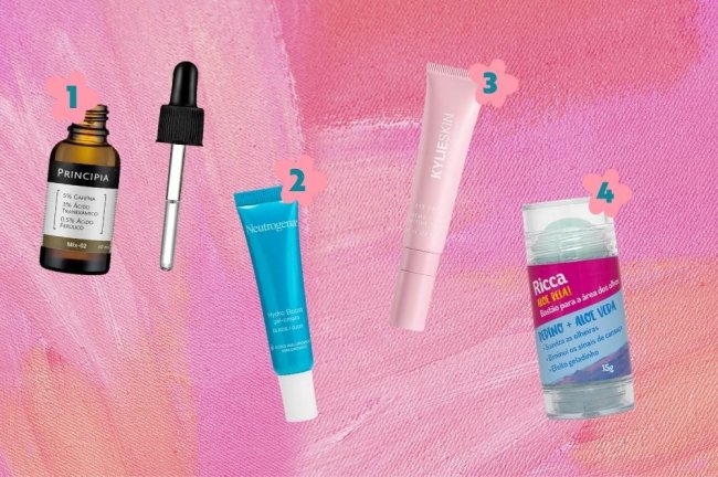 produtos-de-beleza-para-cuidar-da-regiao-dos-olhos Montagem com o fundo rosa e indicação de 4 cremes para cuidados na região dos olhos.