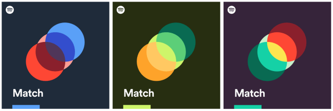 Spotify Match (1) Três logos do Spotify Match com vários círculos sobrepostos em diferentes cores