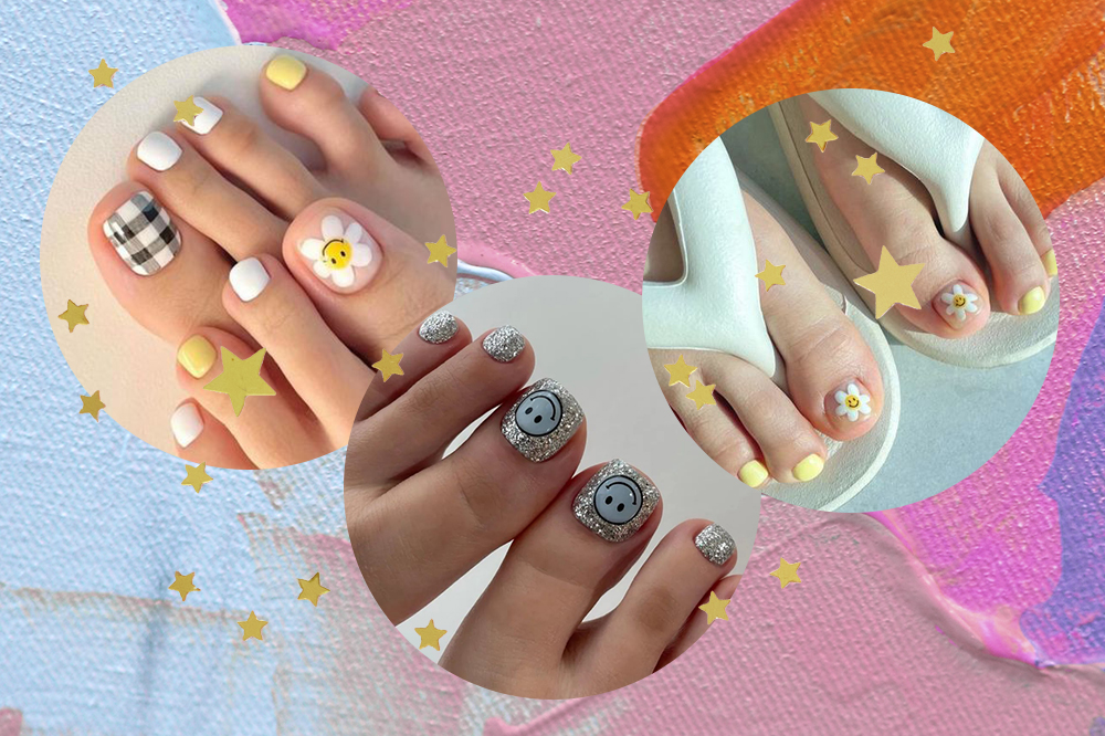 Montagem em fundo rosa, azul, laranja e lilás com estrelinhas douradas. Há três fotos em molduras circulares de nail arts nos pés